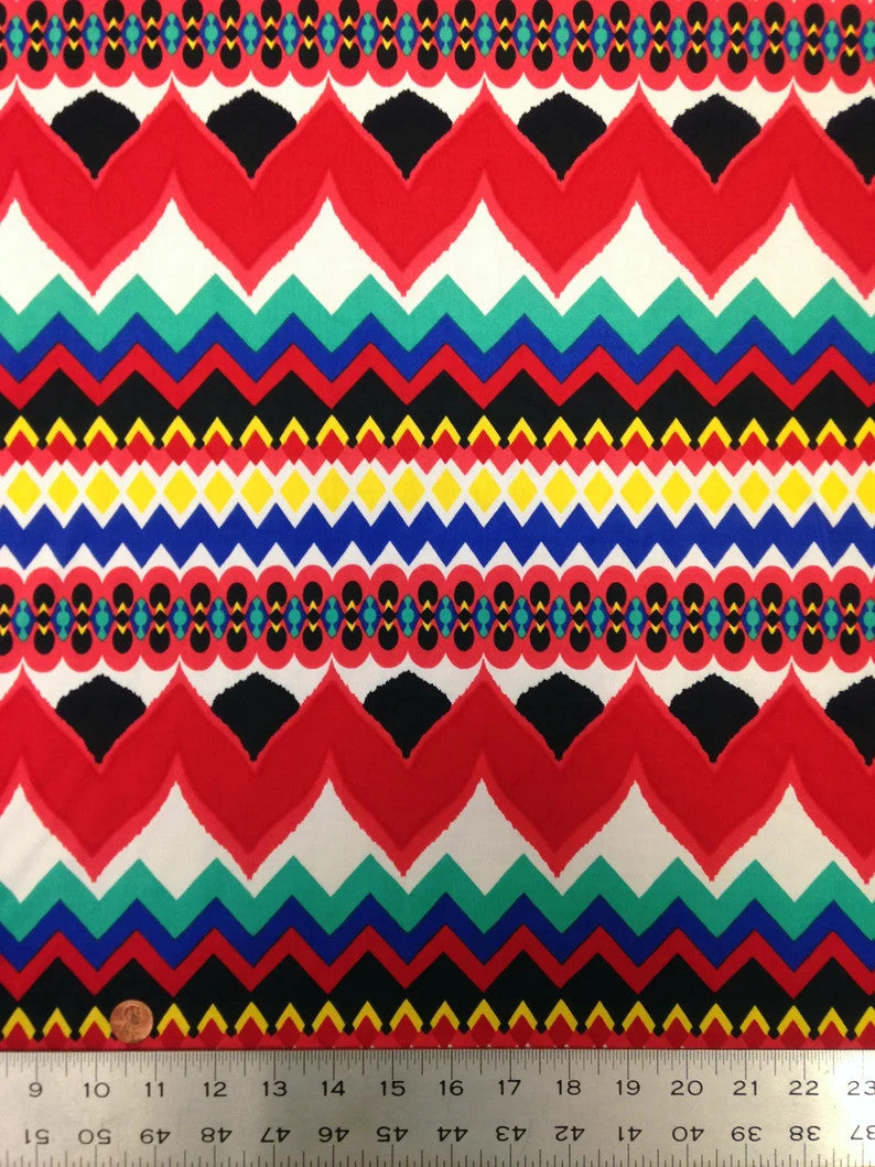 Polyester Spandex Fabric - Colorful Chevron Design, Red/Royal, Orange/Royal, 58" To 60" Width