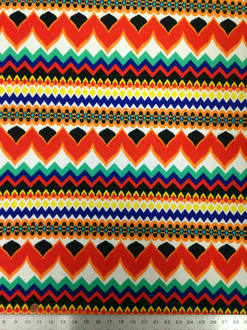 Polyester Spandex Fabric - Colorful Chevron Design, Red/Royal, Orange/Royal, 58" To 60" Width