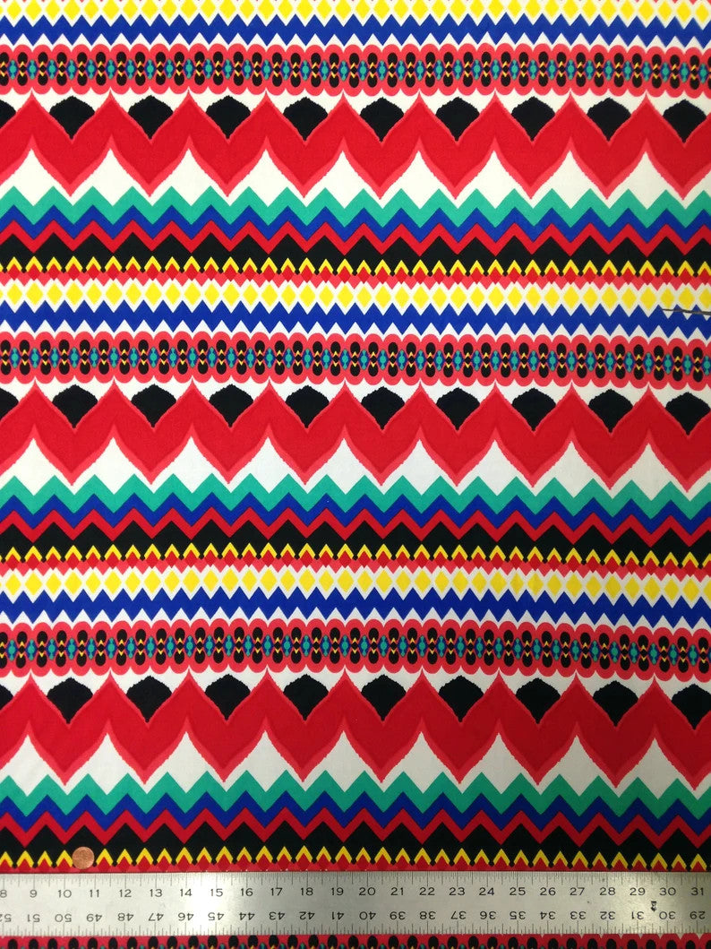 Polyester Spandex Fabric - Colorful Chevron Design, Red/Royal, Orange/Royal, 58" To 60" Width
