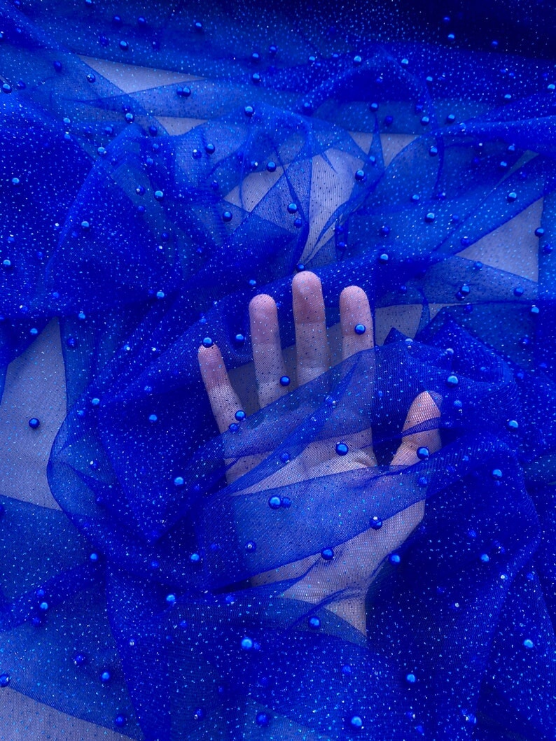 Pearl Beaded Tulle Mesh Royal Blue