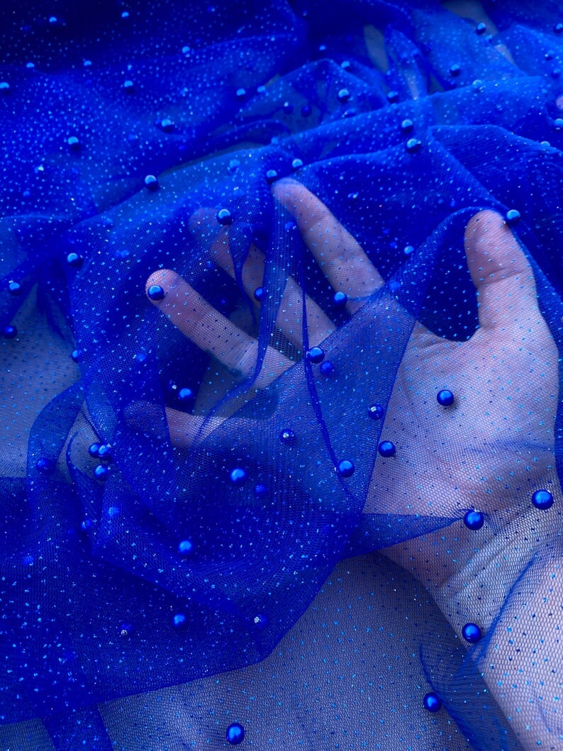 Pearl Beaded Tulle Mesh Royal Blue