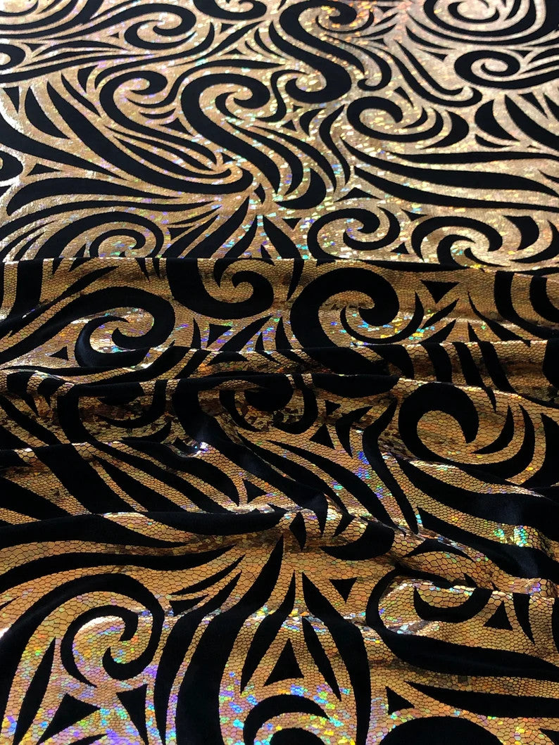 Swirl Hologram Snake Design Foil Polyester Spandex Velvet Fabric - Holo Black, Snake Scale Holographic Design, 58"-60" Width