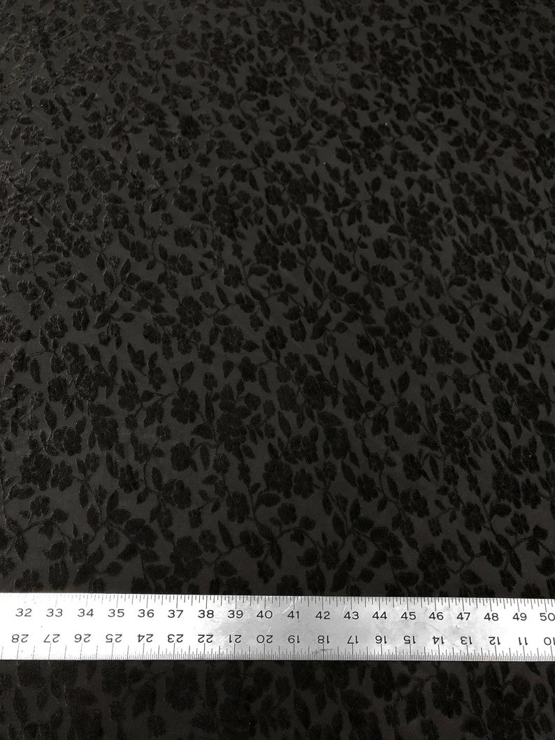 Floral Burnout Panne Velvet Polyester Spandex Fabric - Black Floral Burnout, 58"-60" Width
