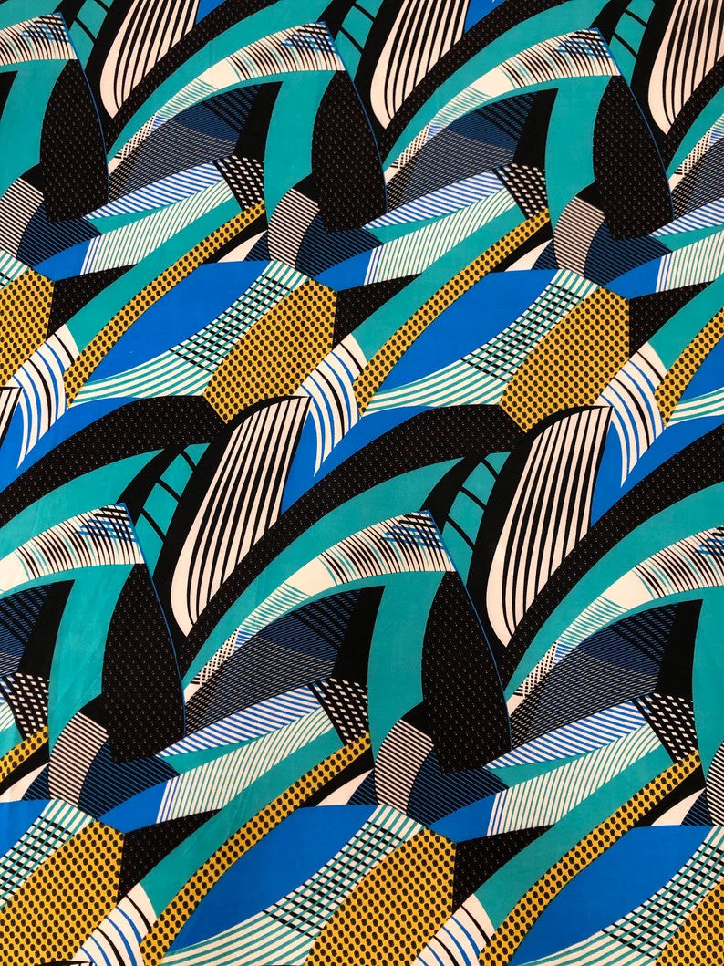 Polyester Spandex Abstract Design 2 Way Stretch Fabric - Abstract Print, Aqua/Yellow, Coral/Brown, Red/Yellow, 58" To 60" Width
