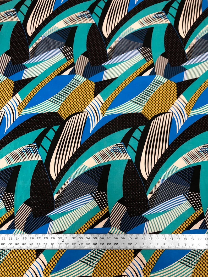 Polyester Spandex Abstract Design 2 Way Stretch Fabric - Abstract Print, Aqua/Yellow, Coral/Brown, Red/Yellow, 58" To 60" Width