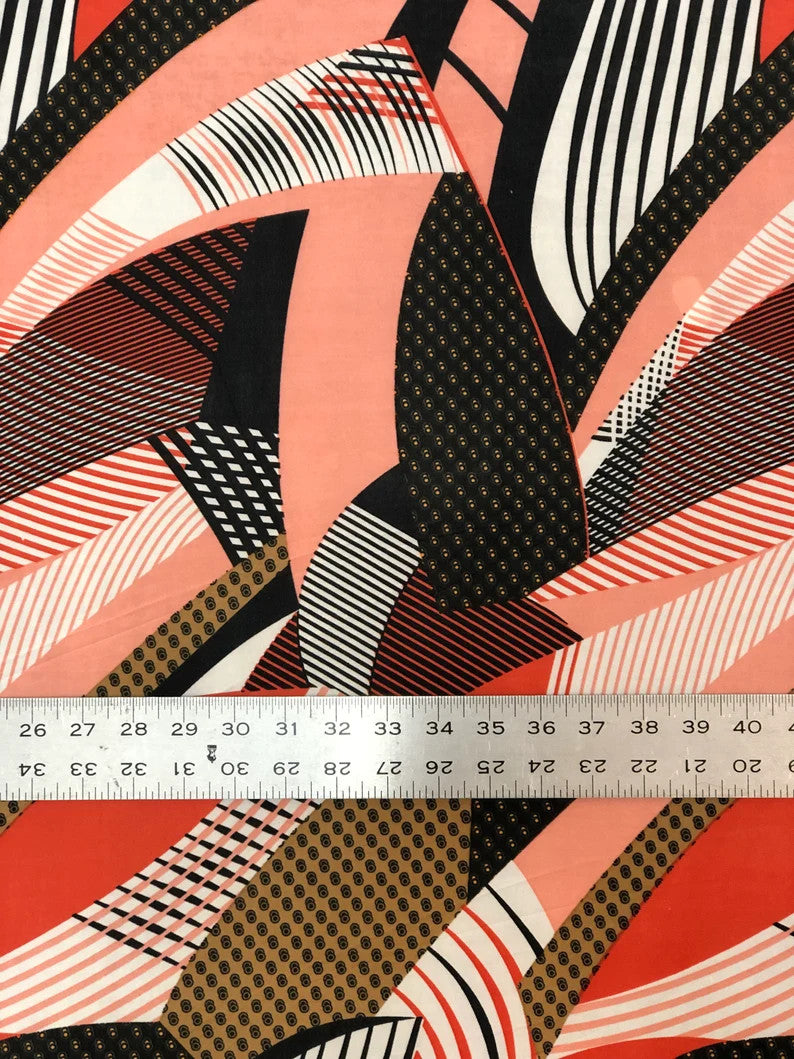Polyester Spandex Abstract Design 2 Way Stretch Fabric - Abstract Print, Aqua/Yellow, Coral/Brown, Red/Yellow, 58" To 60" Width