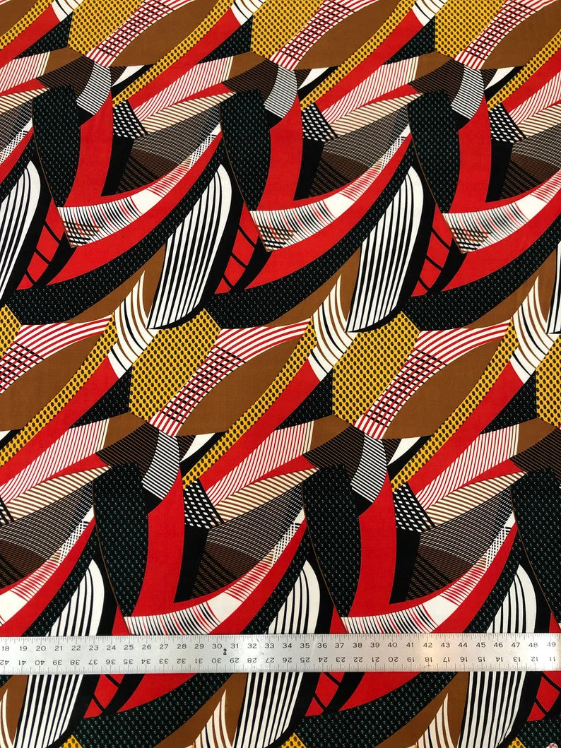 Polyester Spandex Abstract Design 2 Way Stretch Fabric - Abstract Print, Aqua/Yellow, Coral/Brown, Red/Yellow, 58" To 60" Width