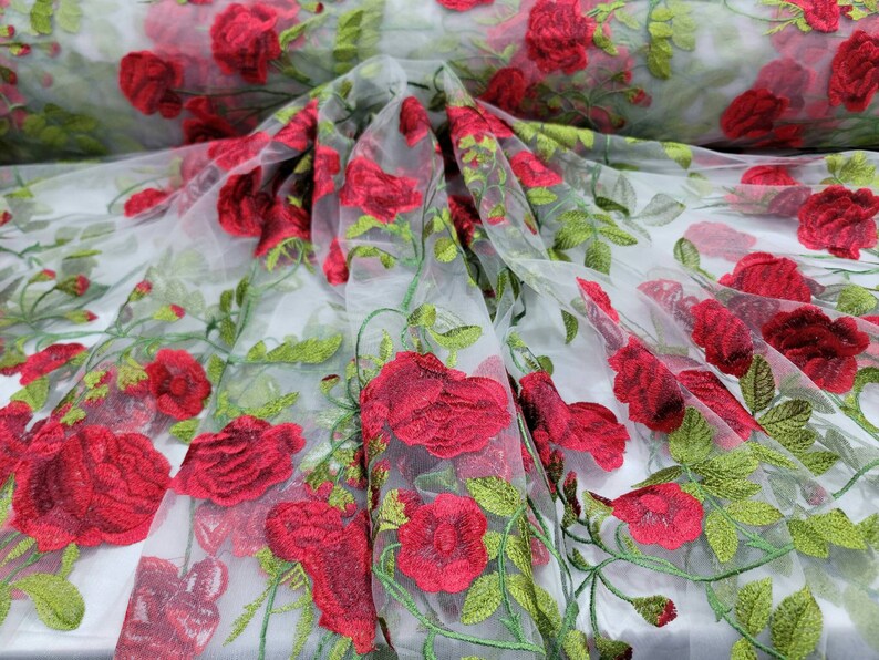 Embroidered Floral Lace White Red Green