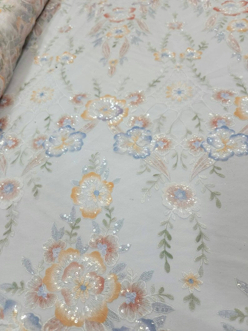 Embroidered Sequin Lace White Multicolor Floral