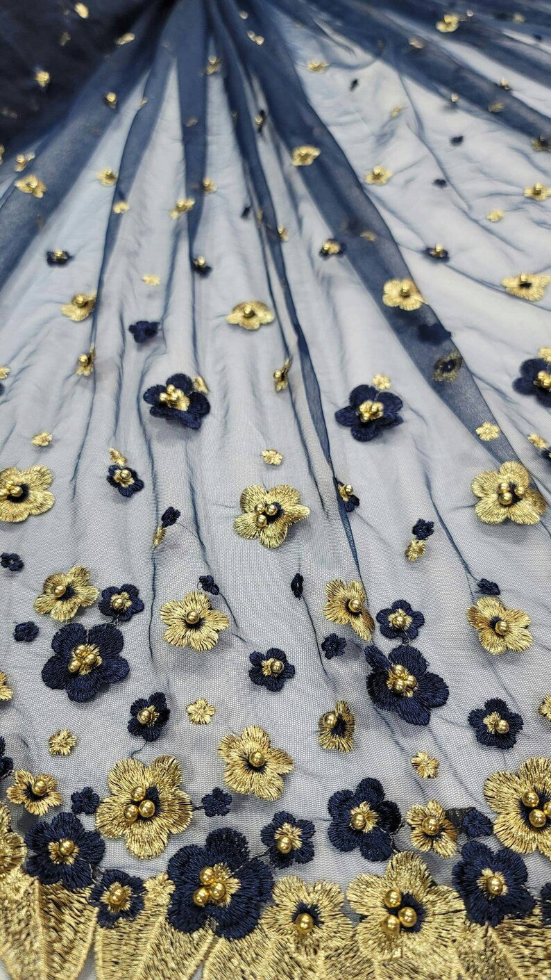 Navy Blue Lace Gold Floral Mesh