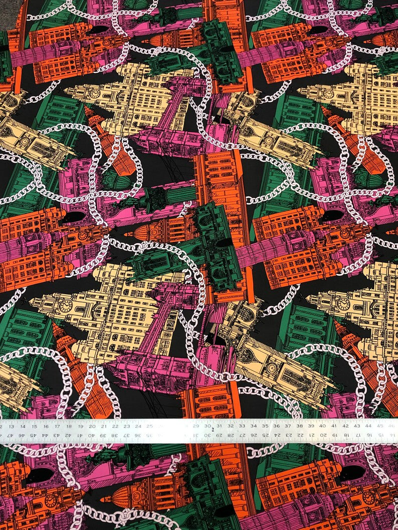Big Buildings Print Polyester ITY Matte Jersey Fabric - Big Structures Print, 58" Width