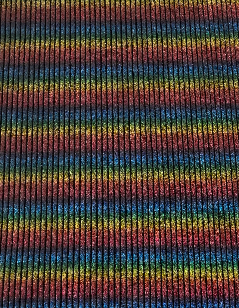 Rainbow Striped Lurex On Black Velvet Polyester Spandex Fabric - Rainbow Stripes, Black, 58" Width