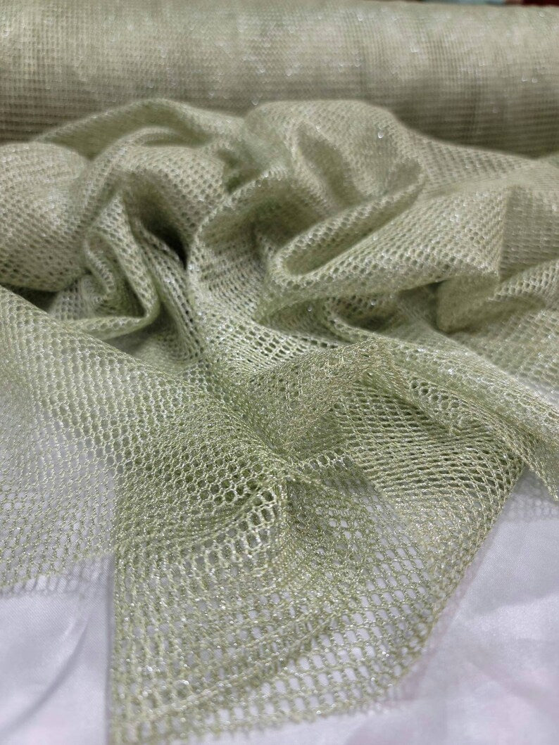 Shimmer Fish Net Fabric Sage Silver