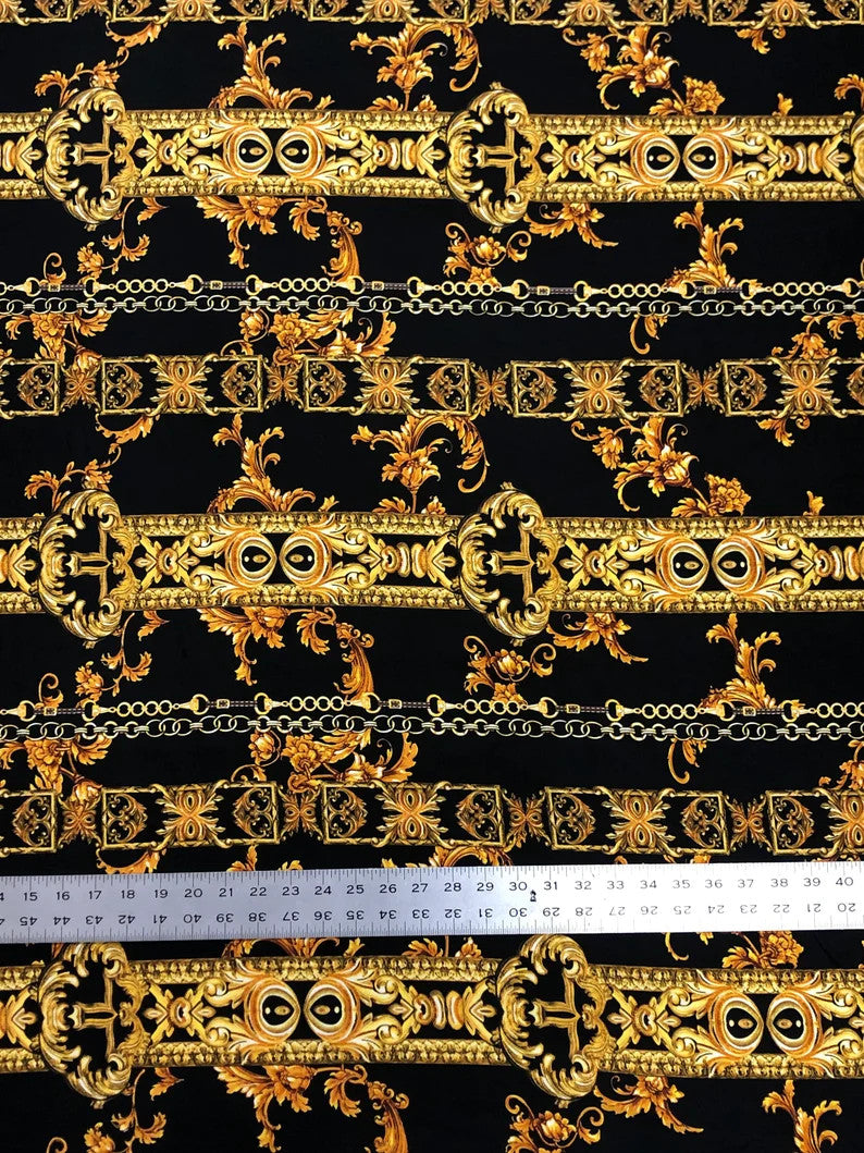 Gold Abstract Chains On Black Polyester Spandex Fabric - Black, Gold Abstract Chains, 58" To 60" Width