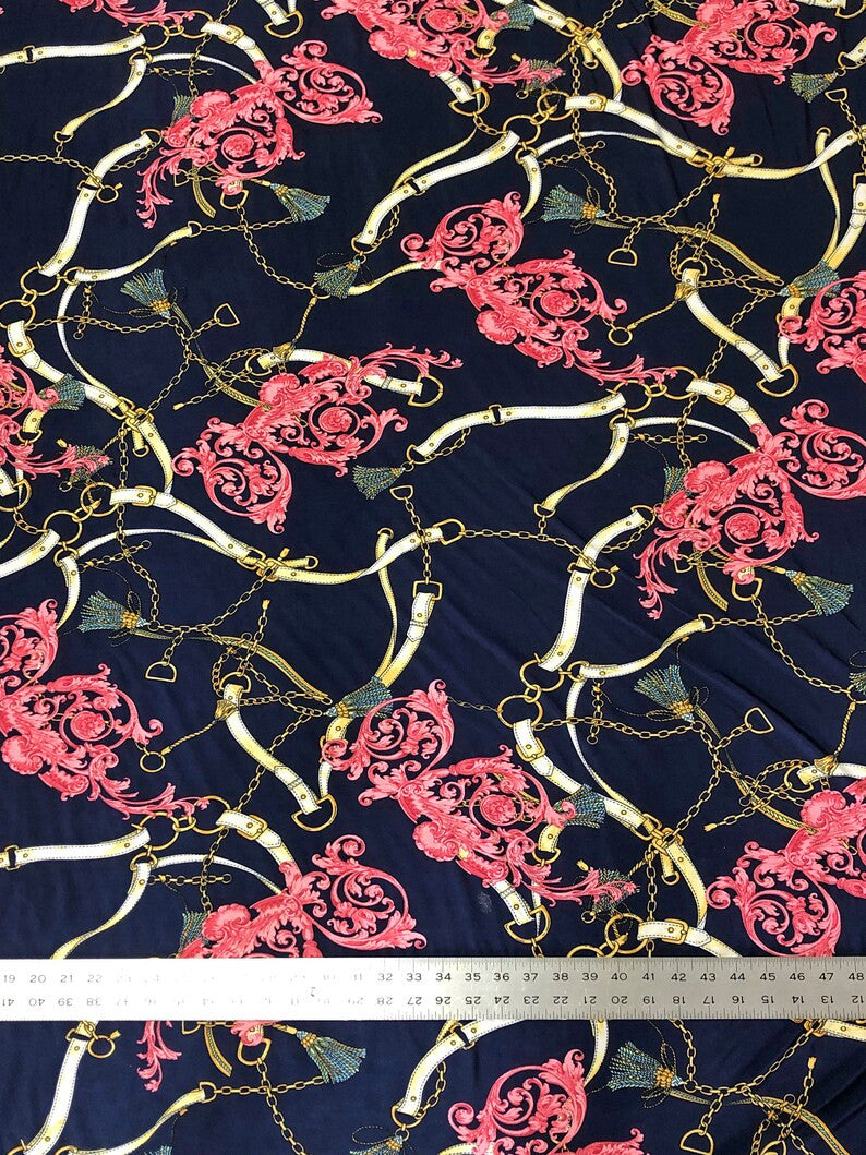 Gold Chain Belt Abstract Design Polyester Spandex Fabric - Royal/Gold, Dark Navy/Pink, 58" Width