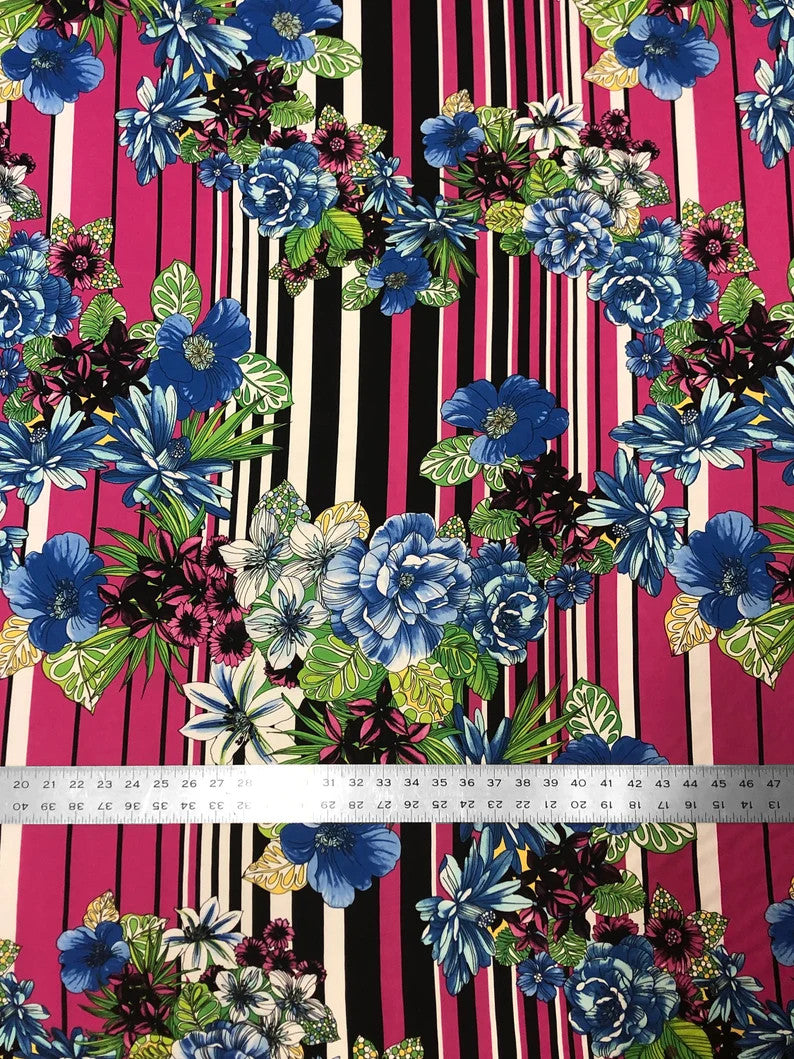 Floral And Striped Print Polyester Spandex Fabric - Floral And Striped Print, 58"-60" Width