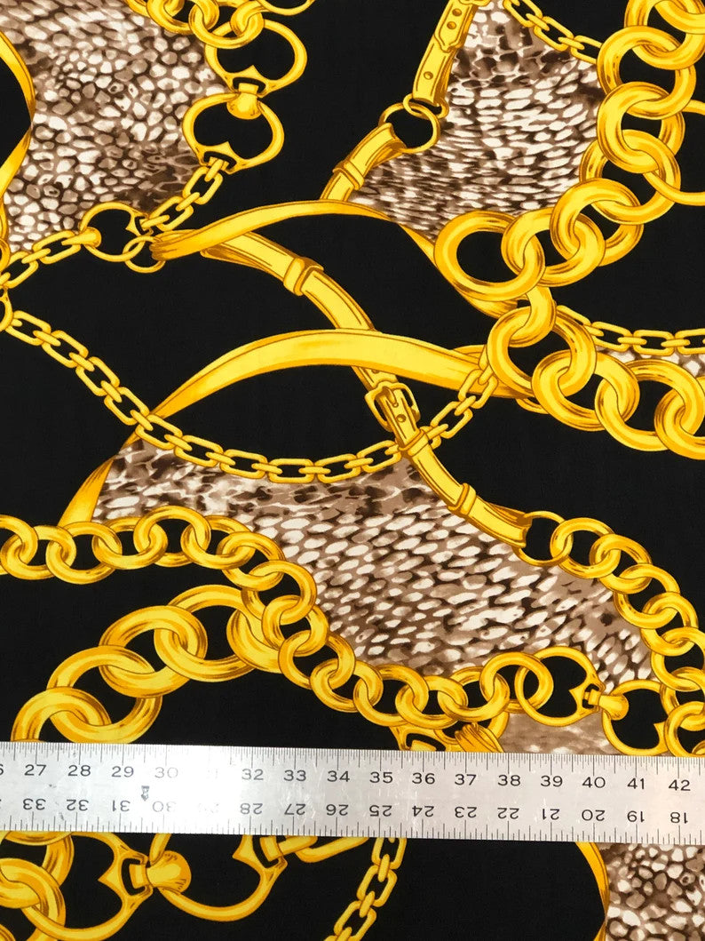 Gold Chains & Animal Print Polyester Spandex Fabric - White, Black, 58" Width
