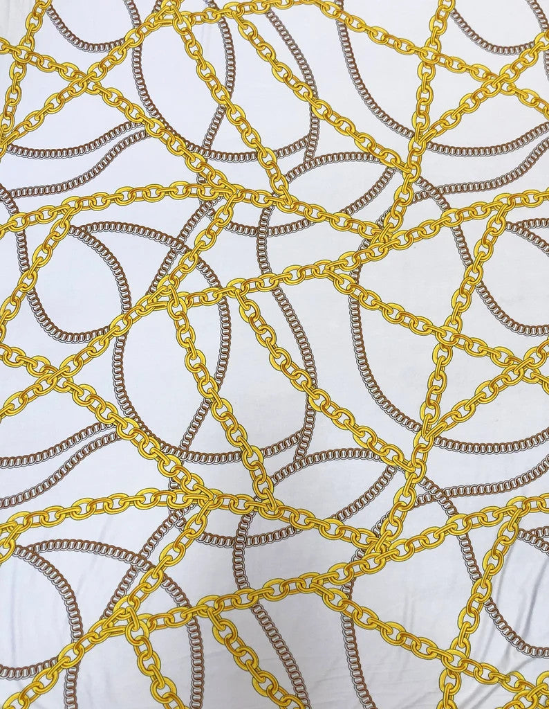 Gold Chains Print Polyester Spandex Fabric - Gold Chain Print, Navy, White, 58-60 Inches Wide