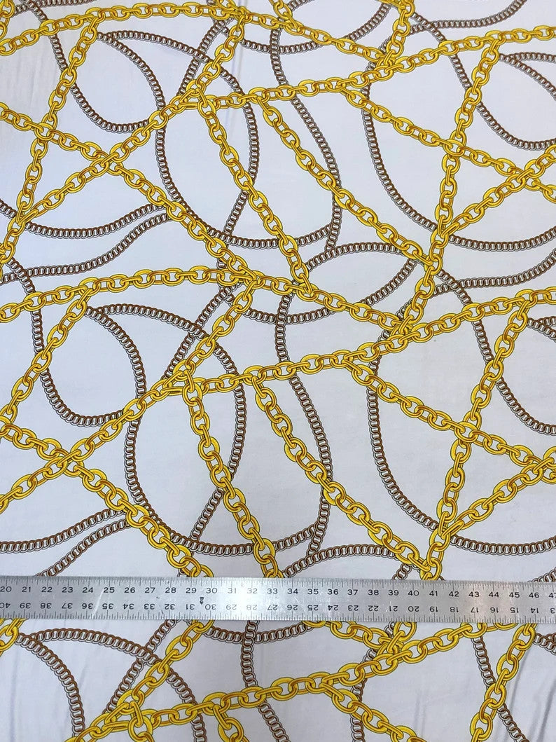 Gold Chains Print Polyester Spandex Fabric - Gold Chain Print, Navy, White, 58-60 Inches Wide