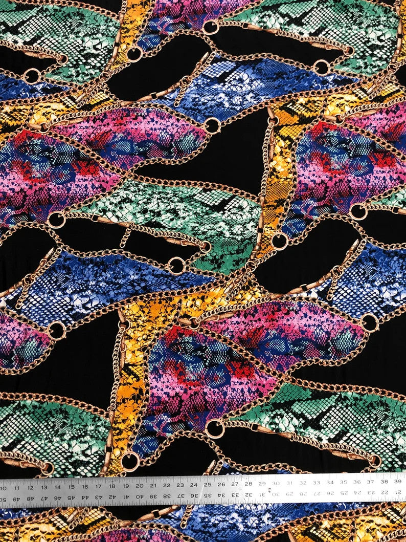 Colorful Animal Print W/ Chains On Black Polyester Spandex Fabric - Black, Animal Print, 58 To 60 Inches Wide