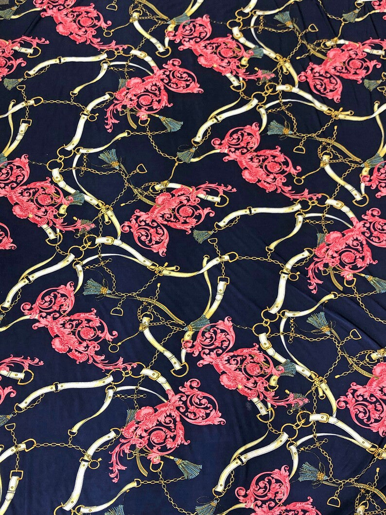 Gold Chain Belt Abstract Design Polyester Spandex Fabric - Royal/Gold, Dark Navy/Pink, 58" Width