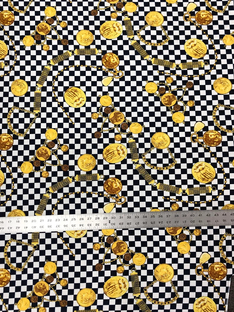 Checked W/ Gold Coins Print Polyester Spandex Fabric - Checked Gold Coins Print, 58"-60" Width