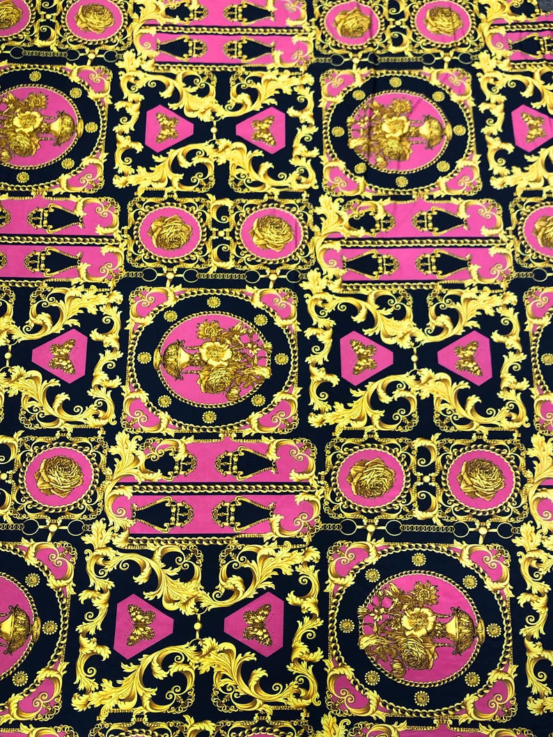 Gold Abstract Print Polyester Spandex Fabric - White, Green, Pink, Royal Abstract Print, 58"-60" Width