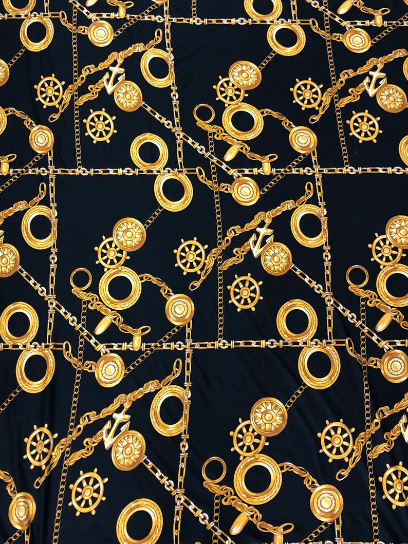 Sea Anchor Design Polyester Spandex Fabric - Black, White, Navy Anchor Print, 58" Width