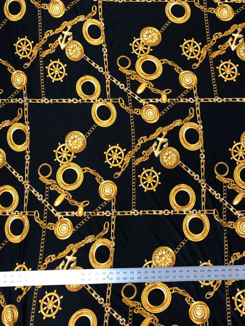 Sea Anchor Design Polyester Spandex Fabric - Black, White, Navy Anchor Print, 58" Width