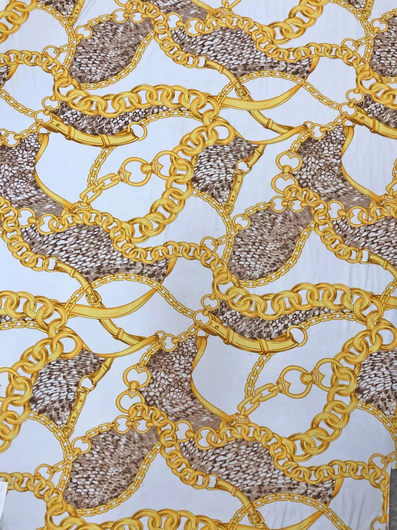 Gold Chains & Animal Print Polyester Spandex Fabric - White, Black, 58" Width
