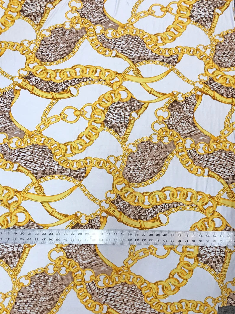 Gold Chains & Animal Print Polyester Spandex Fabric - White, Black, 58" Width