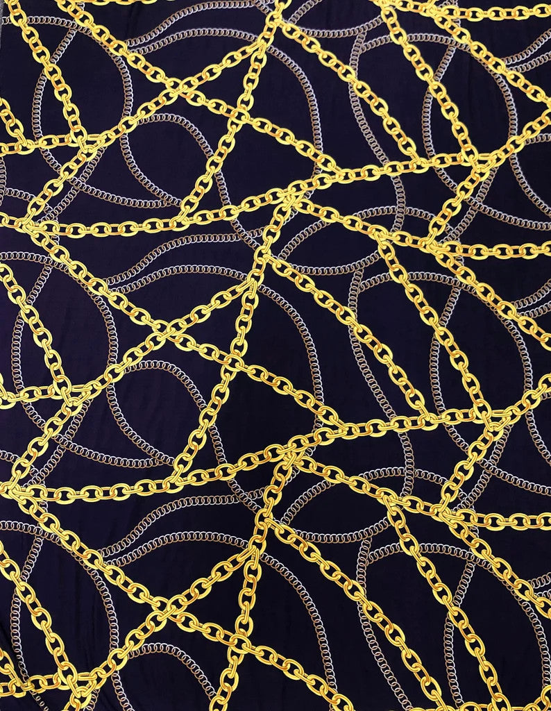 Gold Chains Print Polyester Spandex Fabric - Gold Chain Print, Navy, White, 58-60 Inches Wide