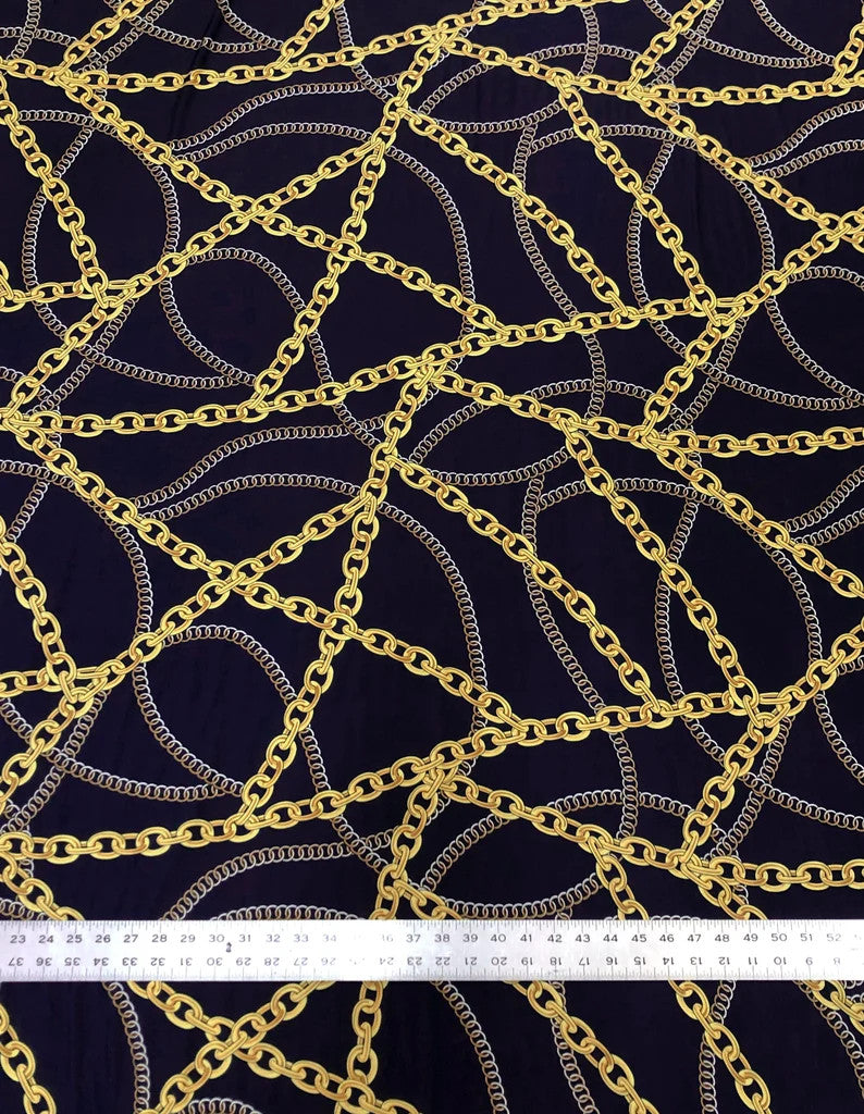 Gold Chains Print Polyester Spandex Fabric - Gold Chain Print, Navy, White, 58-60 Inches Wide