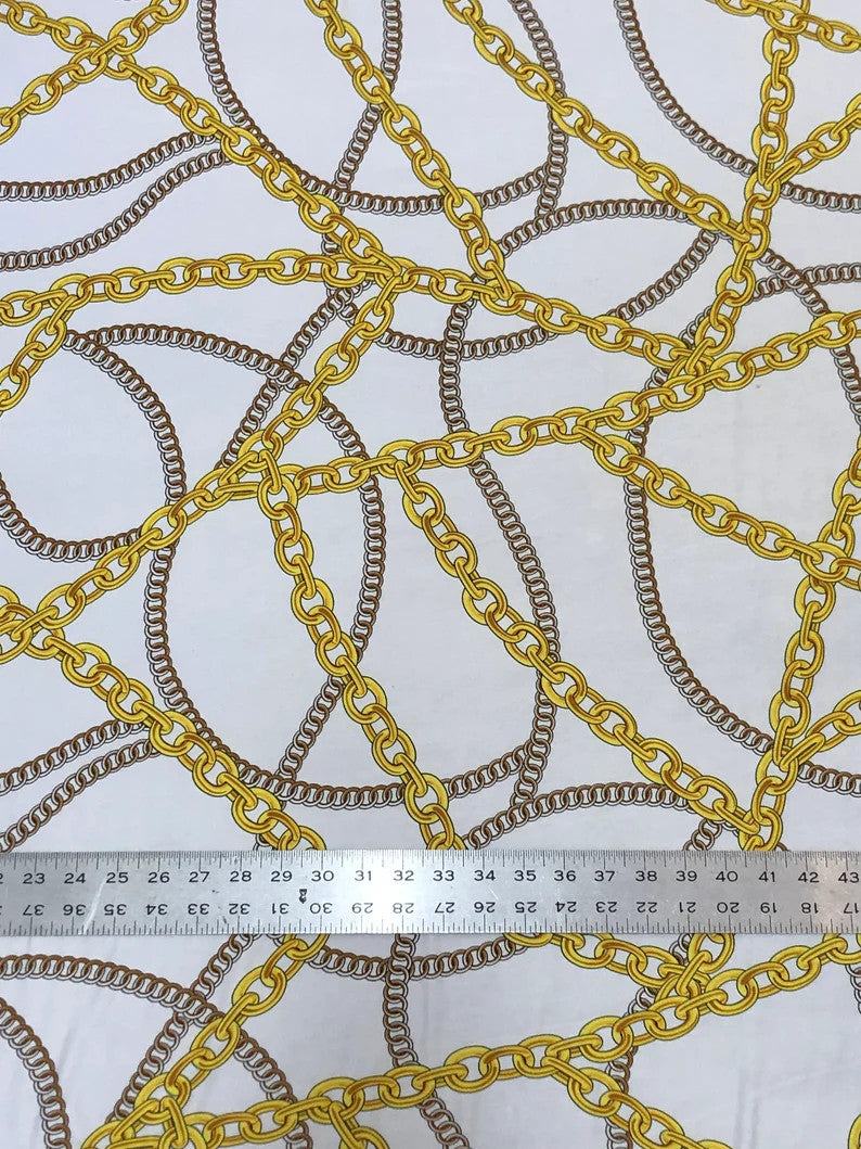 Gold Chains Print Polyester Spandex Fabric - Gold Chain Print, Navy, White, 58-60 Inches Wide