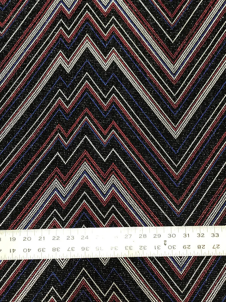 Zig Zag Print On Textured Jacquard Nylon Metallic Spandex Fabric - Black, Red, White, Blue, Zig Zag Print, 58"-60" Width