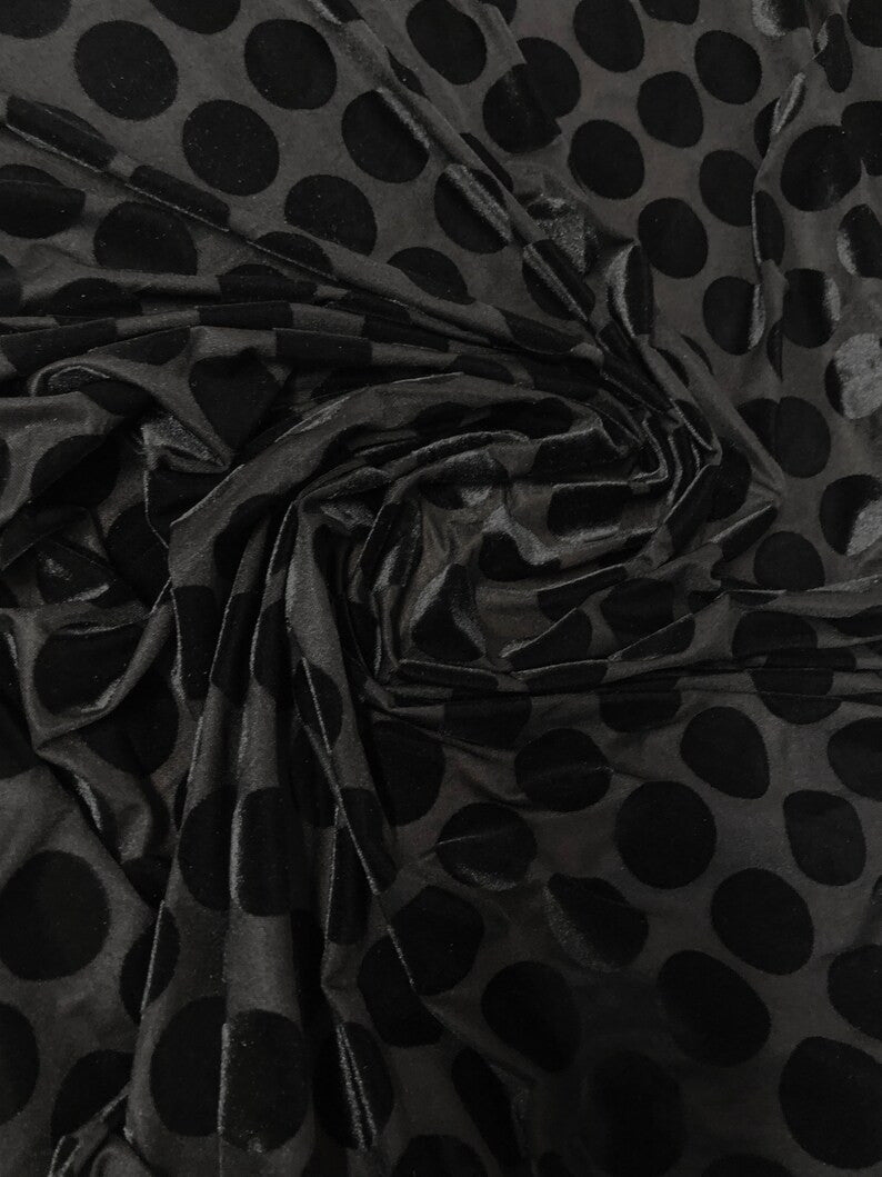 1.5 Inch Circles On Burnout Velvet Polyester Spandex Fabric - Black, Dark Camel, Wine, 58"-60" Width