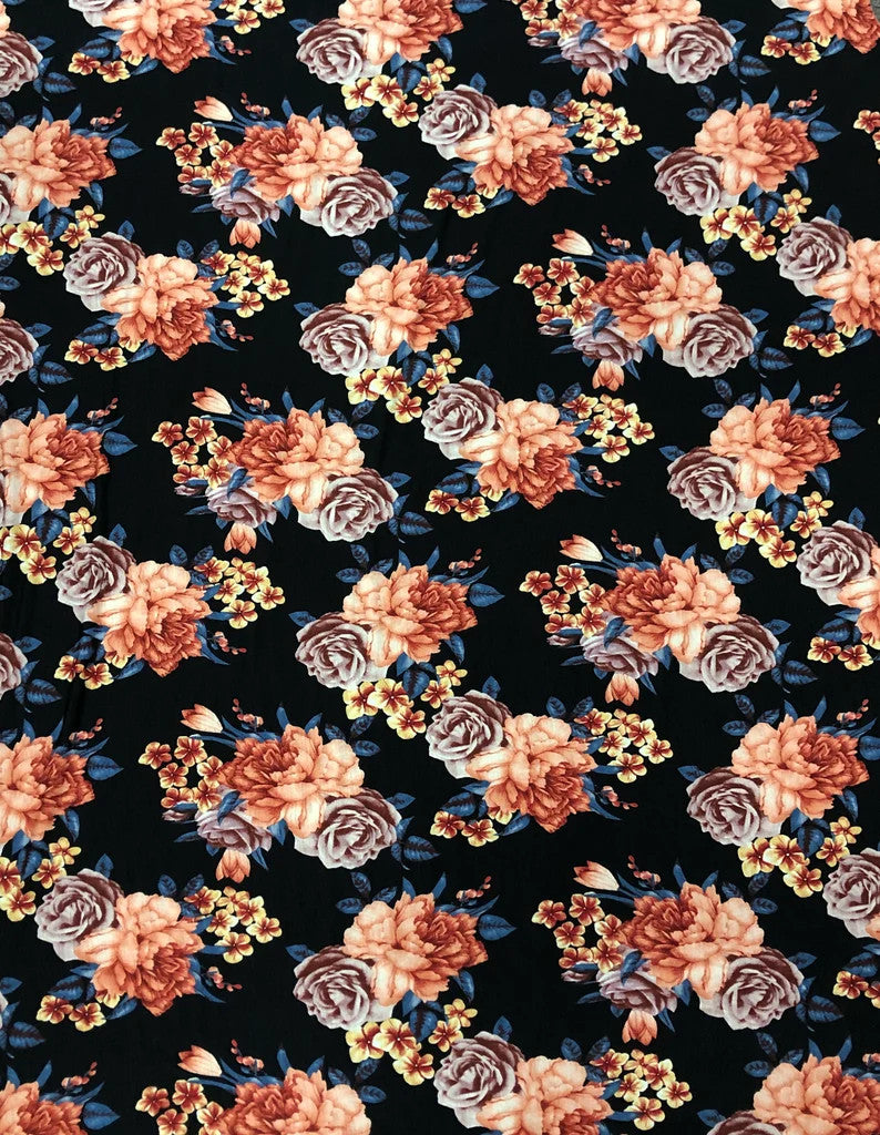Beautiful Floral Print On Black Polyester Spandex Bulgari Fabric - Black Floral Print, 58"-60" Width