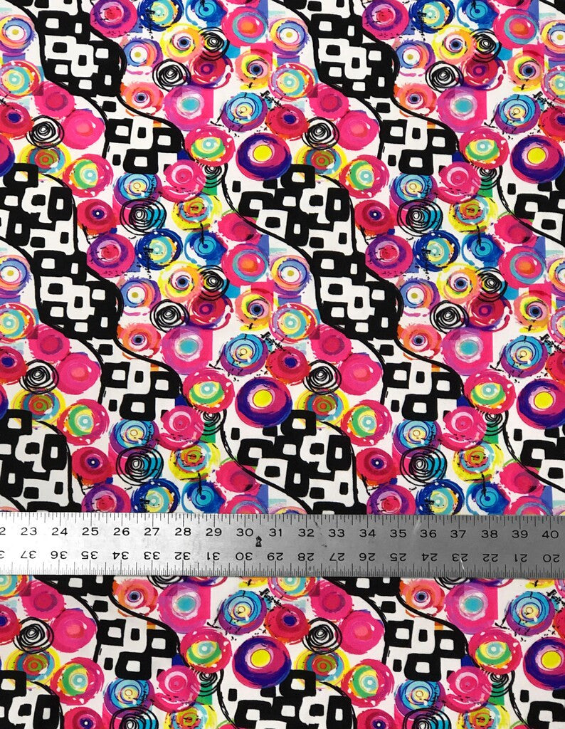 Retro Multi Color Circle Abstract Design Nylon Spandex Fabric - Multi Color Abstract Circle Print, 58-60" Width