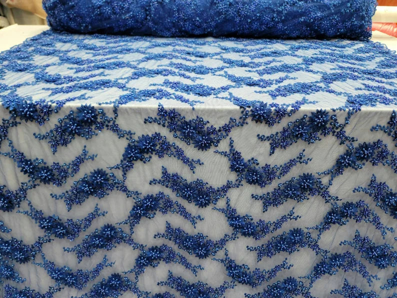 3D Floral Lace Royal Blue with Pearls