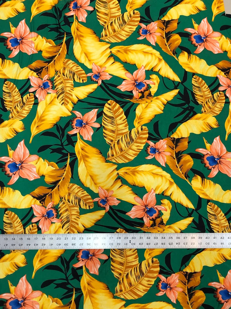 Big Hawaiian Flowers Poly Spandex Fabric - Green, Navy, Yellow, Fuchsia Floral Print, 58"-60" Width