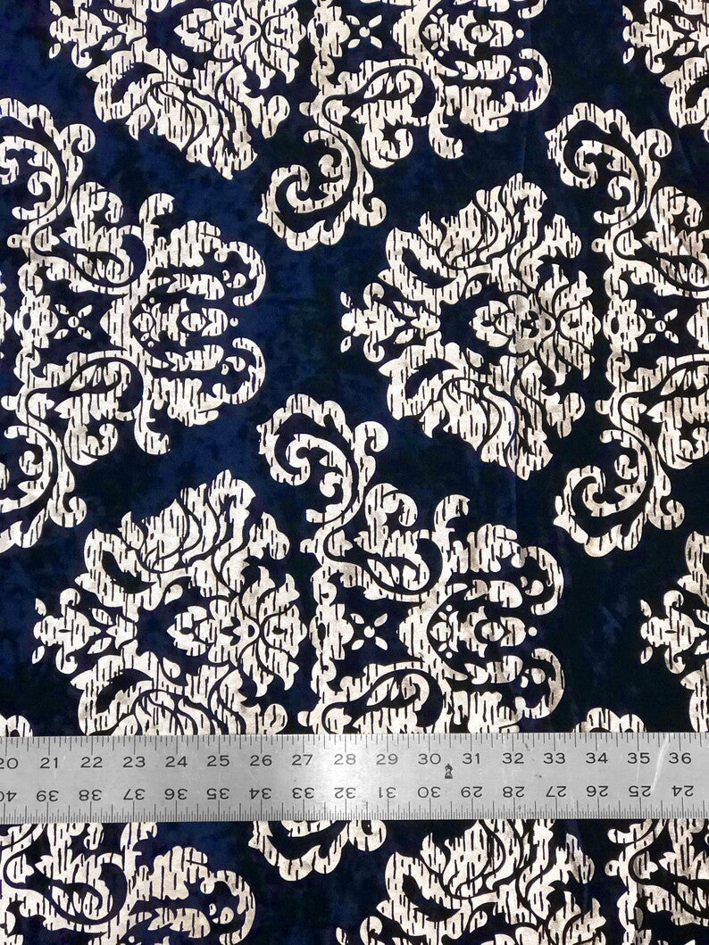 Polyester Crushed Velvet Fabric - Silver Foil Big Damask, 58-60" Width