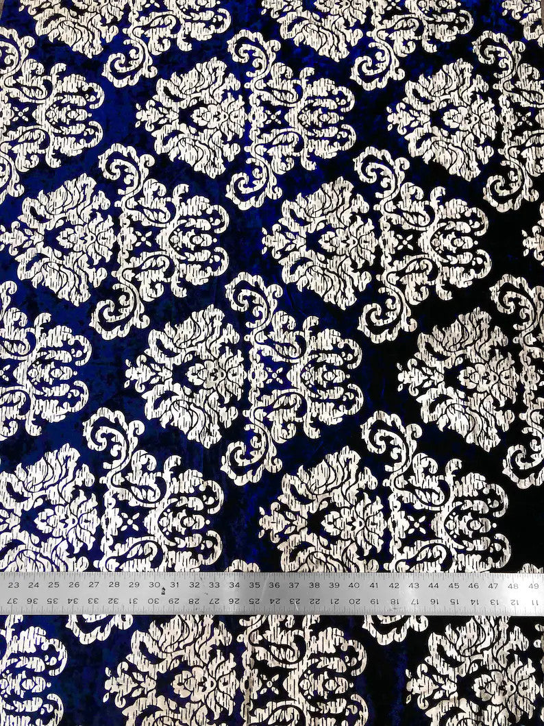 Polyester Crushed Velvet Fabric - Silver Foil Big Damask, 58-60" Width