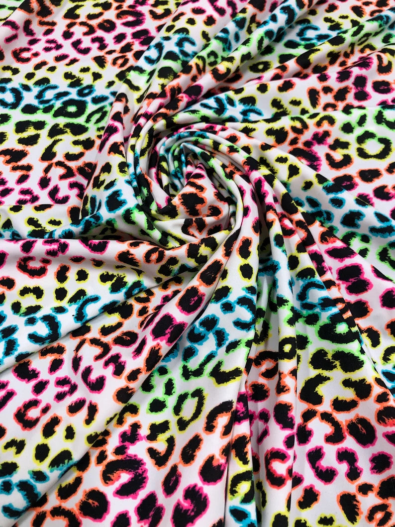Nylon Spandex Fabric - Neon Rainbow Leopard Print, 57-58" Width