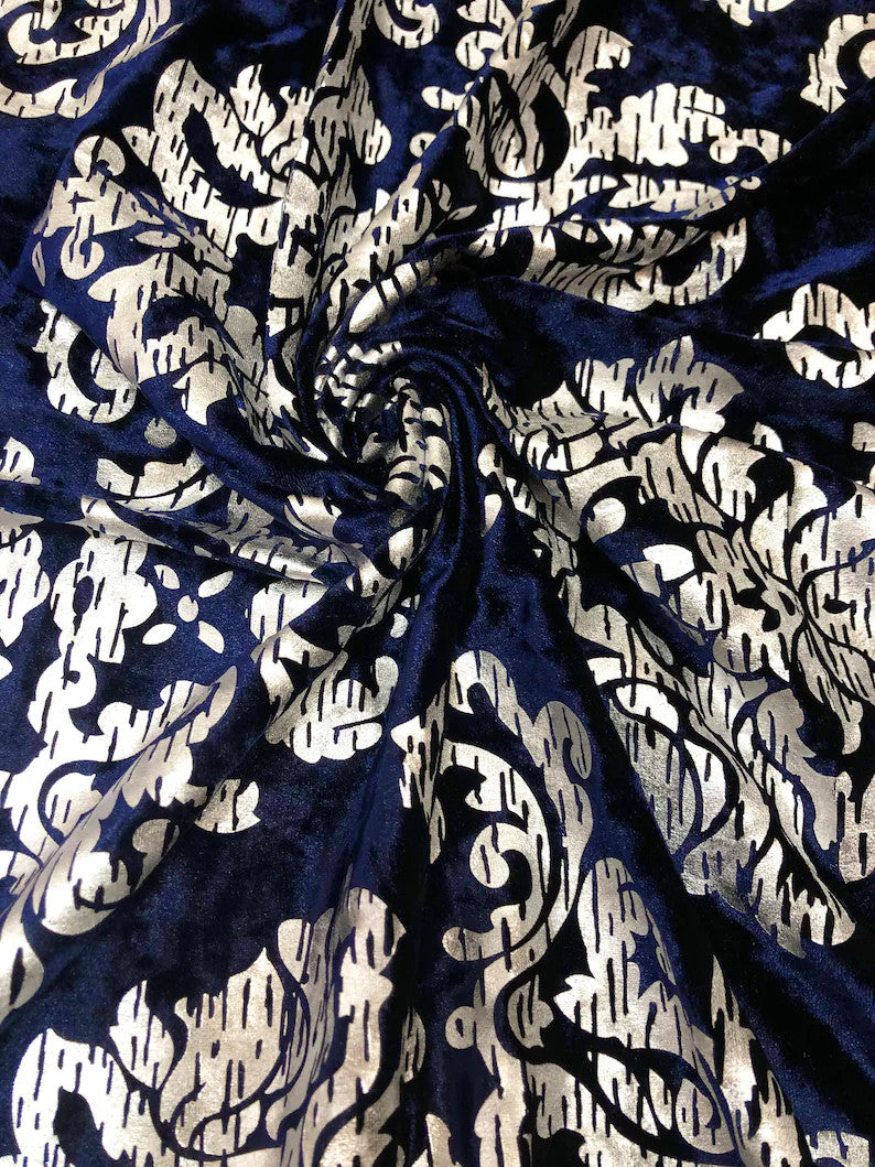 Polyester Crushed Velvet Fabric - Silver Foil Big Damask, 58-60" Width