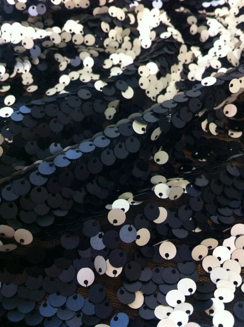6Mm Matte Black Ivory Reversible Sequins Polyester Mesh Fabric - Sheer Black, 6Mm Sequins, 48" Width