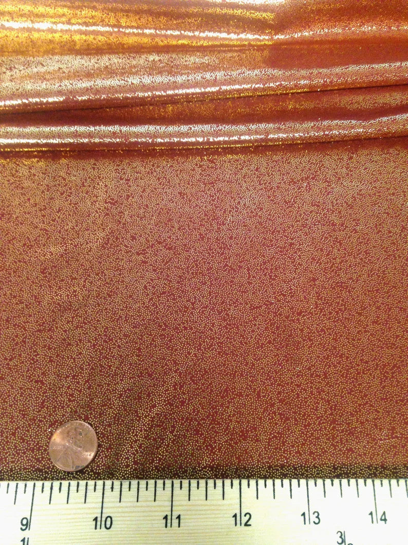 Gold Metallic Foil Micro Sparkle Dots On Rust Polyester Spandex Fabric - Rust With Gold Metallic Foil Micro Sparkle Dots, 58"-60" Width