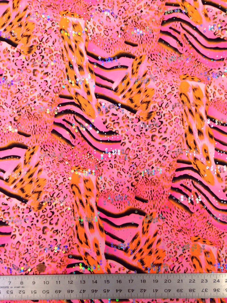 Mixed Animal Print Polyester Spandex Fabric - Holographic Faux Sequins, Neon Lime, Neon Orange, Neon Fuchsia