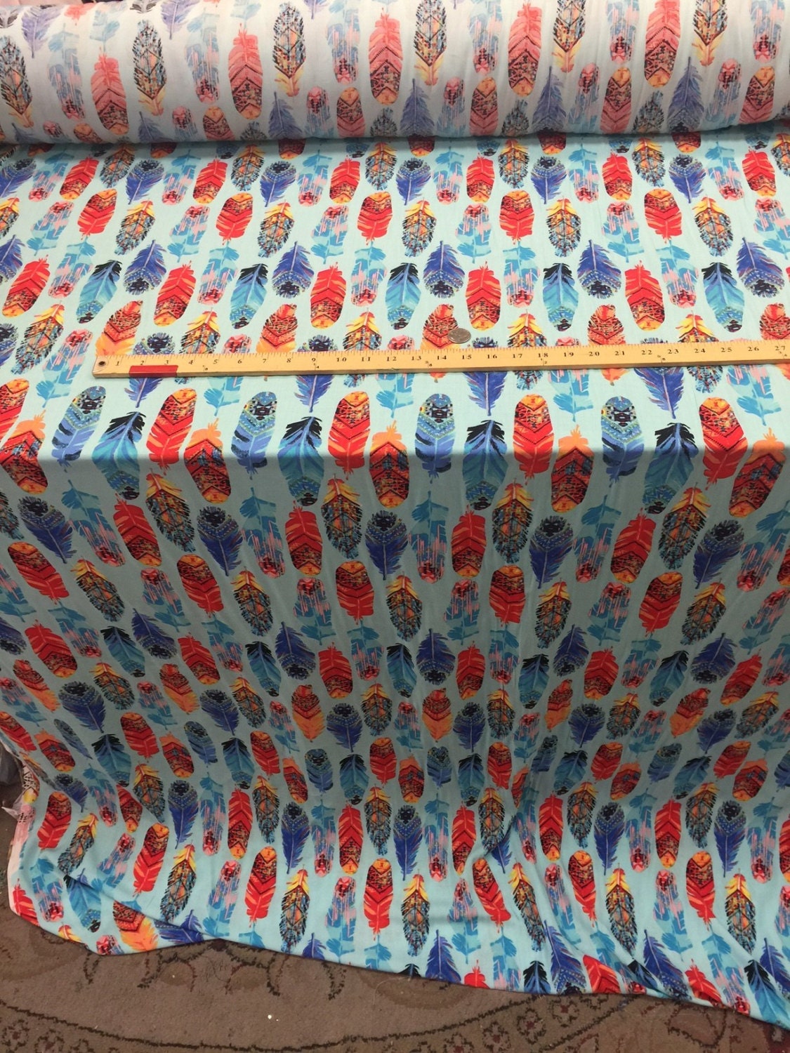 Rayon Challis Feather Print Blue Multicolor