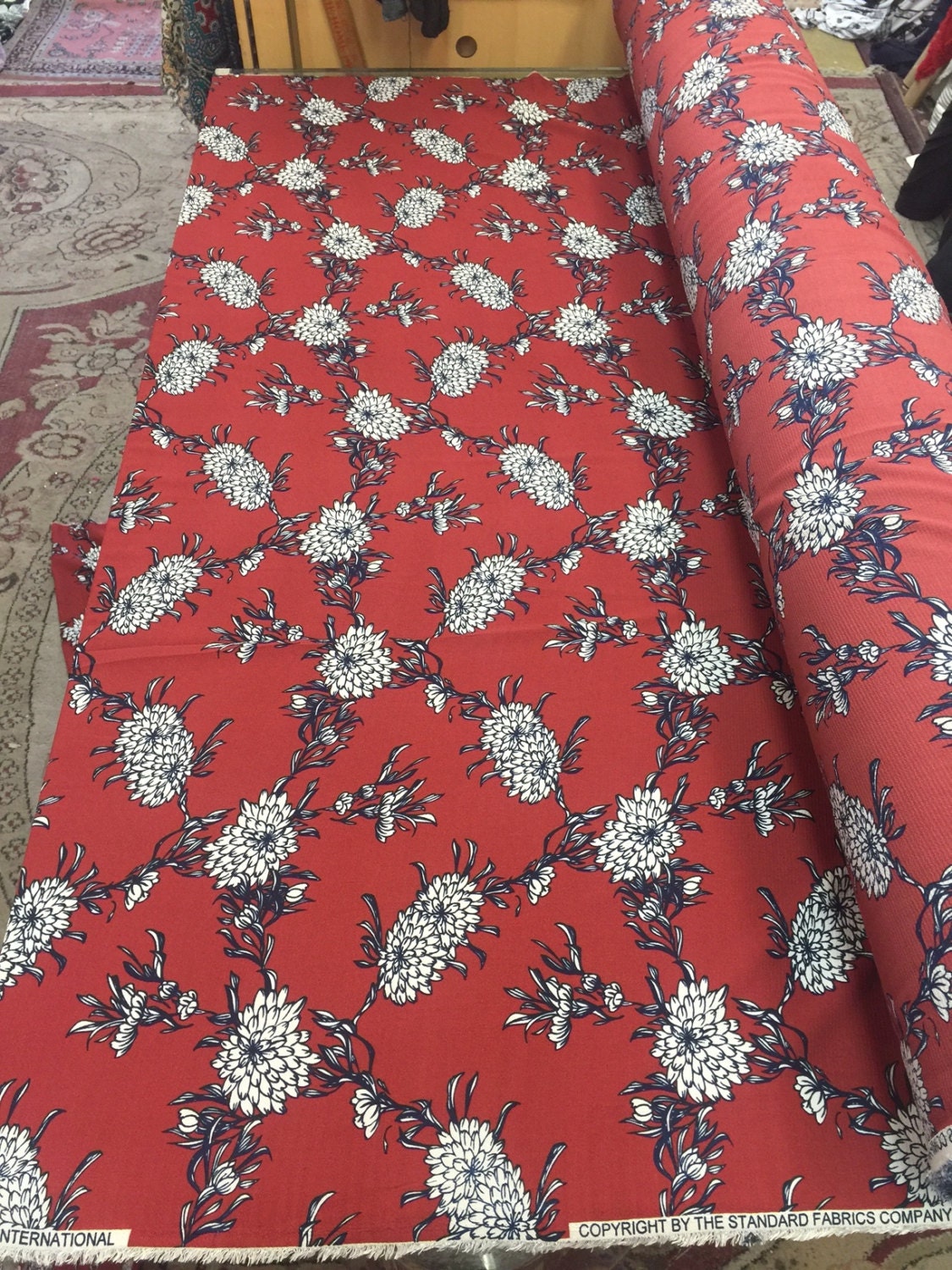 Floral Crepe Dress Fabric Marsala Red White Navy