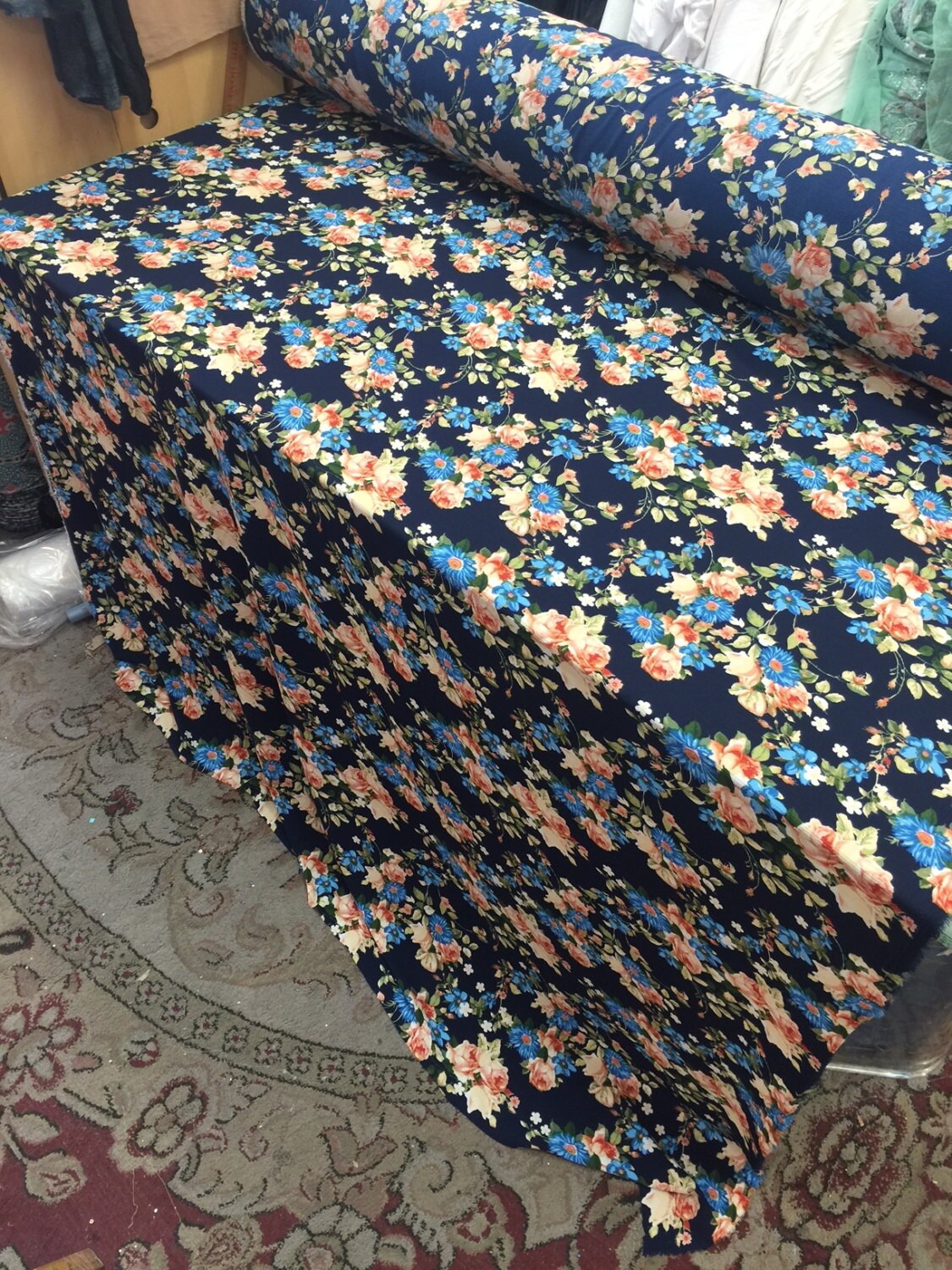 Polyester Crepe Stretch Navy Peach Floral Fabric